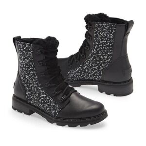 Sorel Lennox Lace Waterproof Leather Tweed Boots Black White NL4413-010 W Sz 7.5